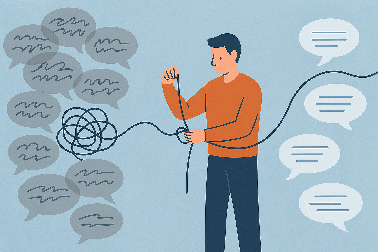 Illustration: Ein Mann ordnet Gedanken- und Sprechblasen